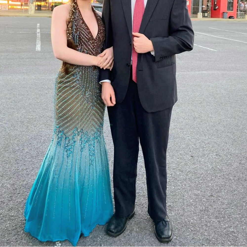 Riva Designs Beaded Gown in Teal and Brown